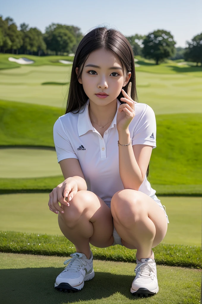 top-quality、hight resolution、ultra-detailliert、masterpiece、Raw photography、realisitic、Photorealsitic、extremely delicate and beautiful、finely detail、Textured skin、1 girl in、(Solo)、(Alone)、full-shot、(Sky from below:1.1)、(Height is 170cm)、(25-year-old model)、Athlete body shape、thick thighare legs、(Golf Green:1.1)、(Golf Wear)、(a miniskirt)、Golf Shoes、(The body is facing the camera:1.5)、(Open crotch squats)、(Open your legs:1.3)、(Crouch down and check the situation on the green)、(with your palms on your knees,,,,,:1.5)、(beauitful face:1.7)、Brown shortcuts、(I'm showing my panties:1.3)、(white panties)、Pubic hair is dark、(Do not take off your golf clothes)、(At SFW:1.2)