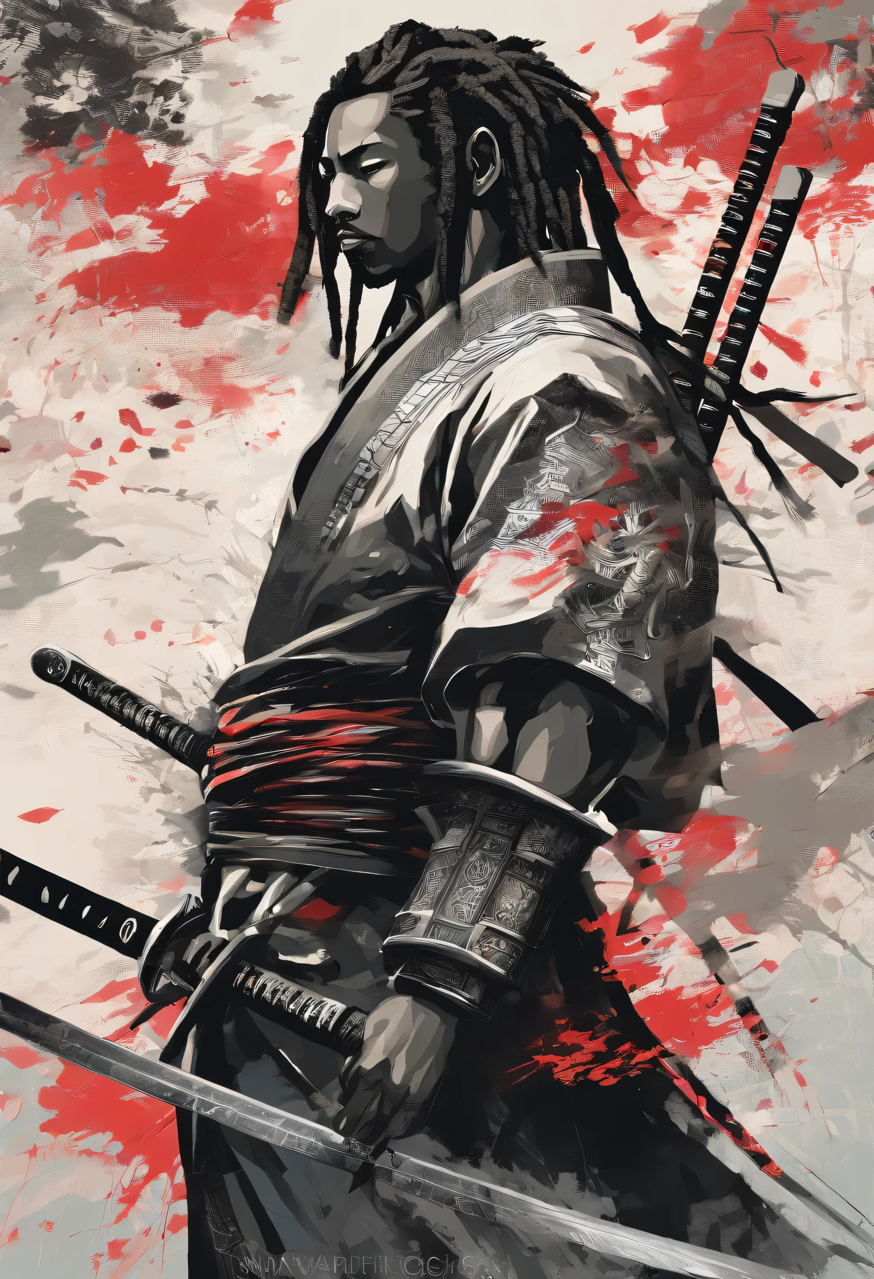 an image of Yasuke o primeiro samurai negro com dreadlocks empunhando uma katana, Nenhum estilo de Russ Mills, Michael Garmash, charming sketches, mono-ha, Contemporary Asian art, Lilia Alvarado, Pincelada concisa --AR 69:128 --s 750 --V 5. 2, pinceladas nas cores do reggae