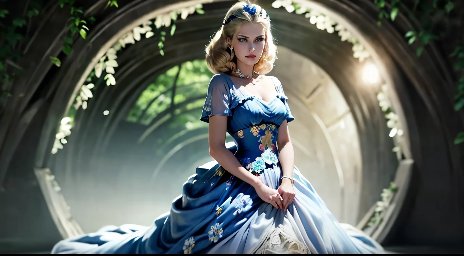 uma fada floral "Grace Kelly com vestido Azul longo", as central in a whimsical forest setting, where vibrant flowers and lush vegetation create a magical setting. A fada floral, a delicate and ethereal being, Paira graciosamente entre as flores, suas asas fofoqueiras brilhando sob a luz do sol fraca. She wears a dress woven of petals and leaves, adorned with intricate floral patterns that mirror its surroundings, randome pose
