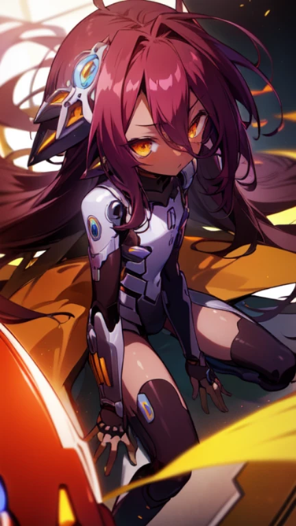 Masterpiece, Top quality, high resolution, highres, 8k, best quality, HD, child, 1 male, shota, cute, innocent, ((dark skin)), orange eyes, otokonoko, dark brown hair long hair in a side-swept style smooth, wearing an a black fullbody bodysuit, exosuit armour parts, gauntlets, cute artstyle, stand still, close up, (Shuvi), (deus ex machina race), (no game no life),
