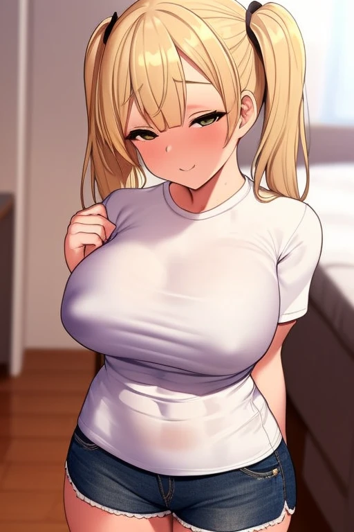 obra maestra,Mejor calidad,1 chica,ultra detallado,blonde hair with pigtails wears a white shirt and very tight shorts
