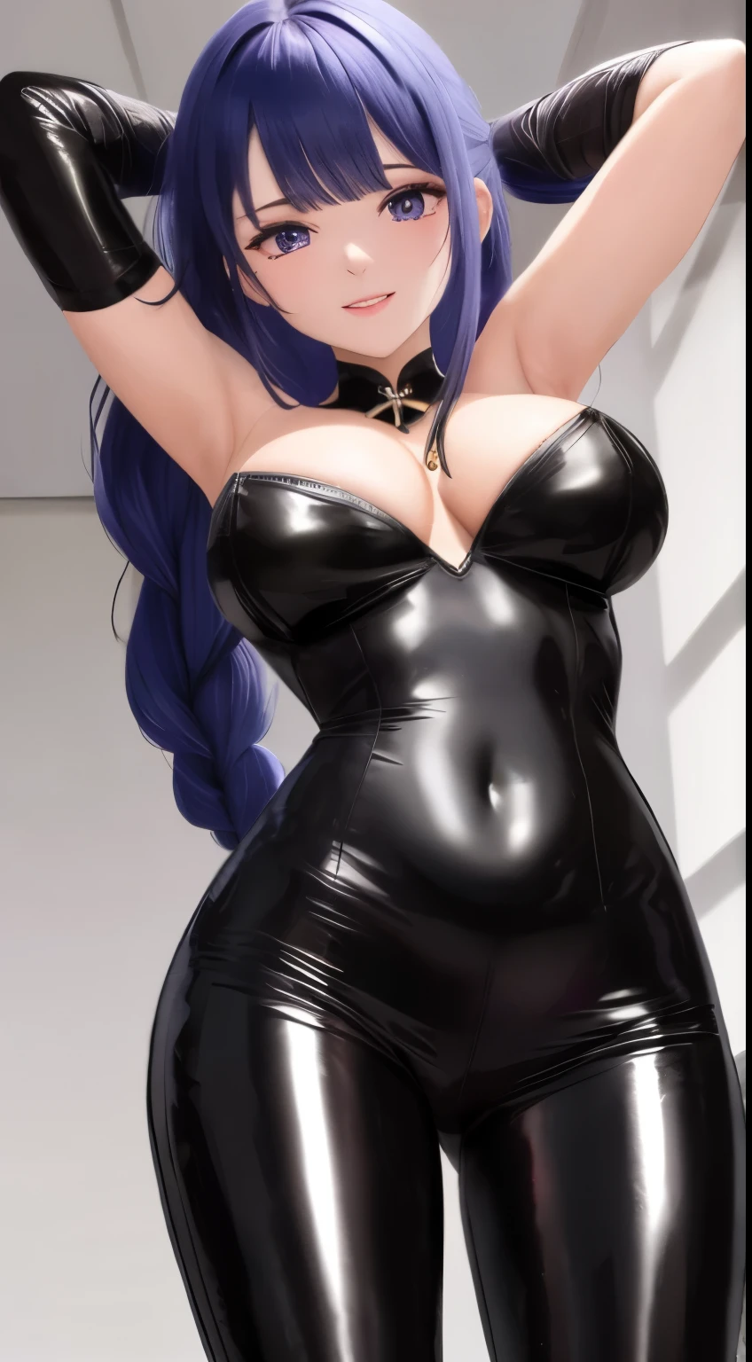 menina bonita chinesa，standing on her feet，Incline-se para a frente com o peito firmemente contra as pernas，unparalleled beauty，Shiny rubber pants，oversized ，round buttockeautiful ，upturned ，Single hairstyle ponytail，cabelos pretos，pernas delgadas，salto alto，Gentle and shy face，laughing from the heart，耳 Ring，colar，Correnteehind the perspective, shows off her big 
