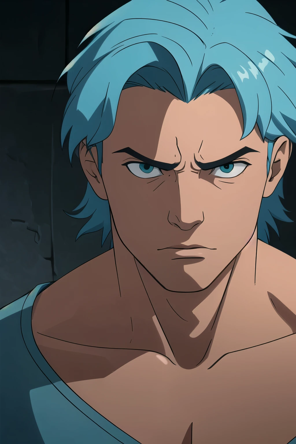 Parzival male, aqua color hair, exaggerated scared expression, one person headshot