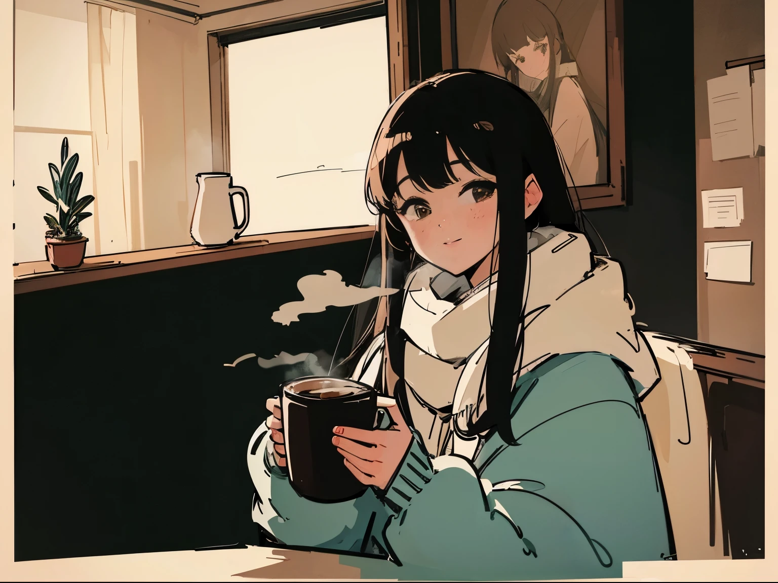 20 year old dark-haired woman、Being Calm、gentle light、black background、Coffee、head shot、Lo-Fi Illustration、a relaxing sight、In a warm room、Scarf、hoodie、Steam from a hot drink、I feel relieved、smile