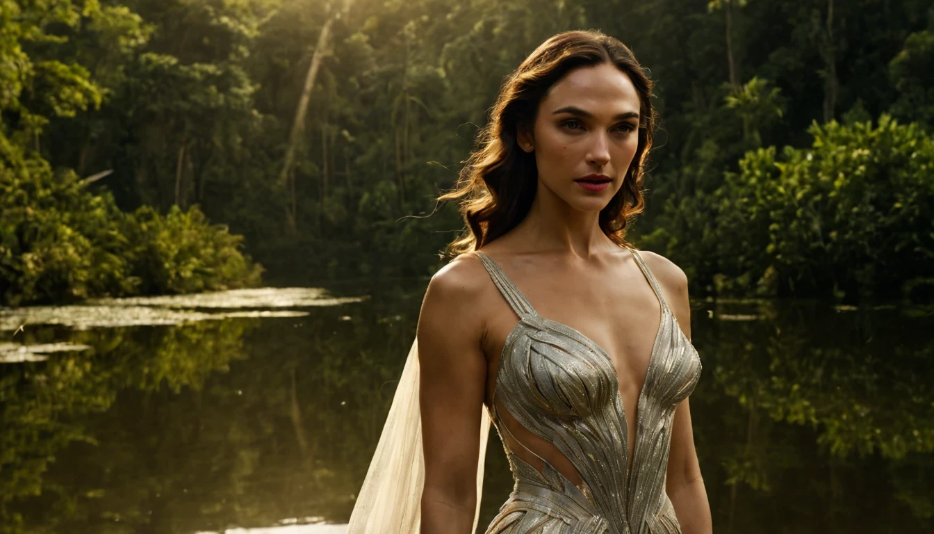 --Nymph --graceful --fluttering, "Gal Gadot com vestido Branco longo" --olhos brilhantes --pele radiante --cabelos dourados --sorriso encantador --banho de luar suave, --Scenery --magical --enchanted forest --soft moonlight --lake, --Aura --serene --ancestral mystery --ethereal beauty,