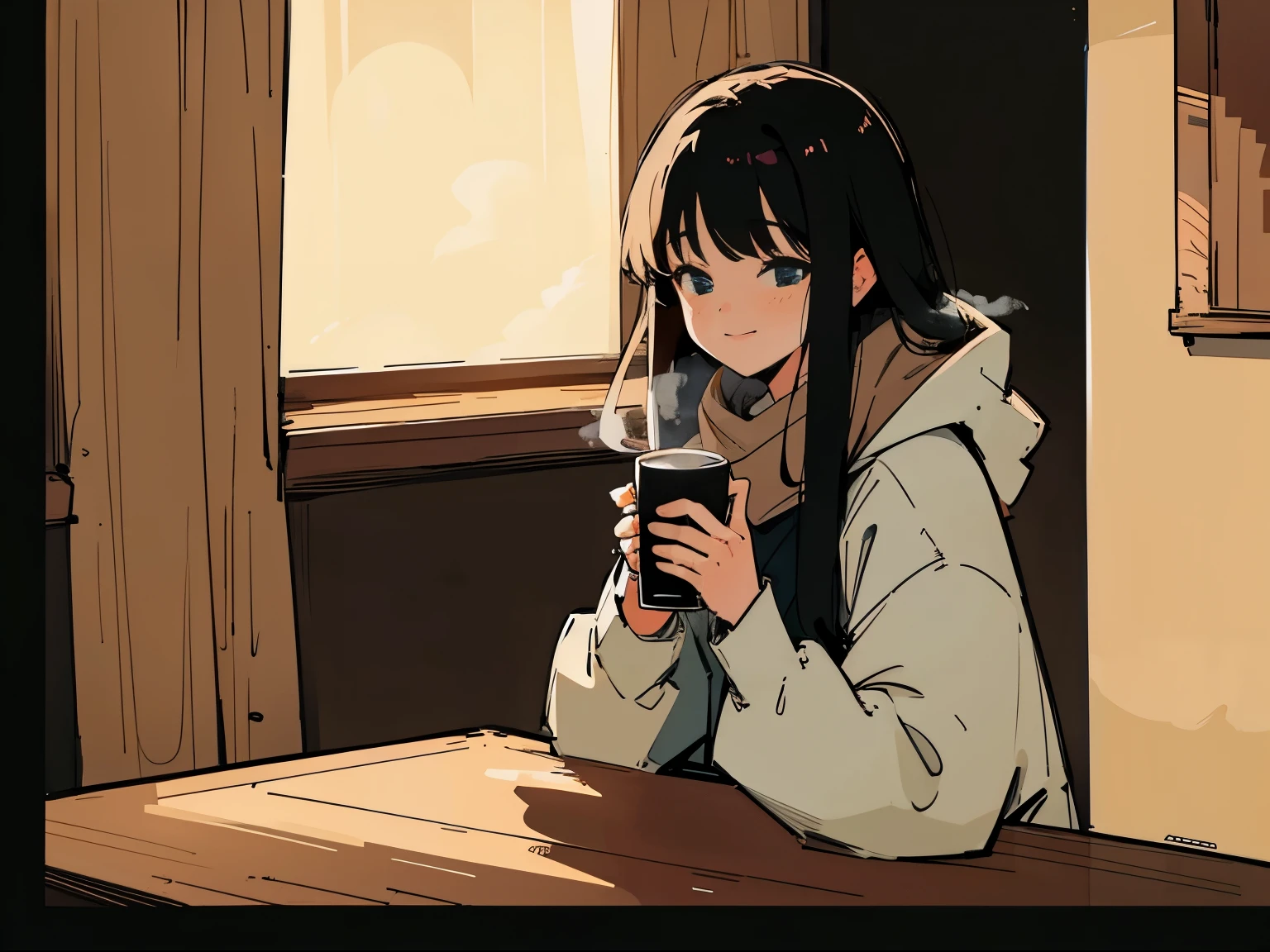 20 year old dark-haired woman、Being Calm、gentle light、black background、Coffee、head shot、Lo-Fi Illustration、a relaxing sight、In a warm room、Scarf、hoodie、Steam from a hot drink、I feel relieved、smile