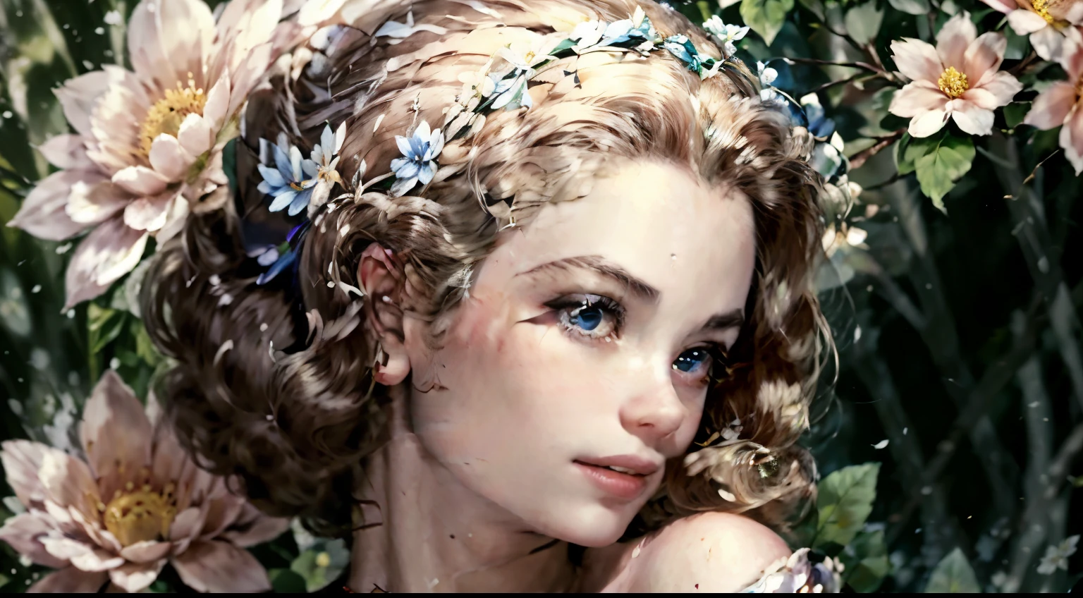 uma fada floral "Grace Kelly com vestido Azul longo", as central in a whimsical forest setting, where vibrant flowers and lush vegetation create a magical setting. A fada floral, a delicate and ethereal being, Paira graciosamente entre as flores, suas asas fofoqueiras brilhando sob a luz do sol fraca. She wears a dress woven of petals and leaves, adorned with intricate floral patterns that mirror its surroundings, randome pose