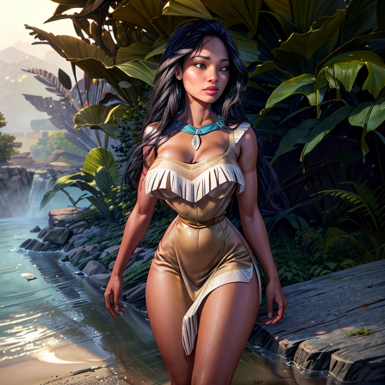 A girl in a hill ,beautiful detailed eyes,black hair, indigenous, beautiful detailed lips,extremely detailed eyes and face,longeyelashes,3D rendering,ultra-realistic,highres,(best quality,4k,8k,masterpiece:1.2),portrait, lush greenery, vibrant colors, soft sunlight. Native american costumes, big breast, round hips, hair flowing in the wind, oerfect eyes, looking on camera, 1 eagle standing on her arm