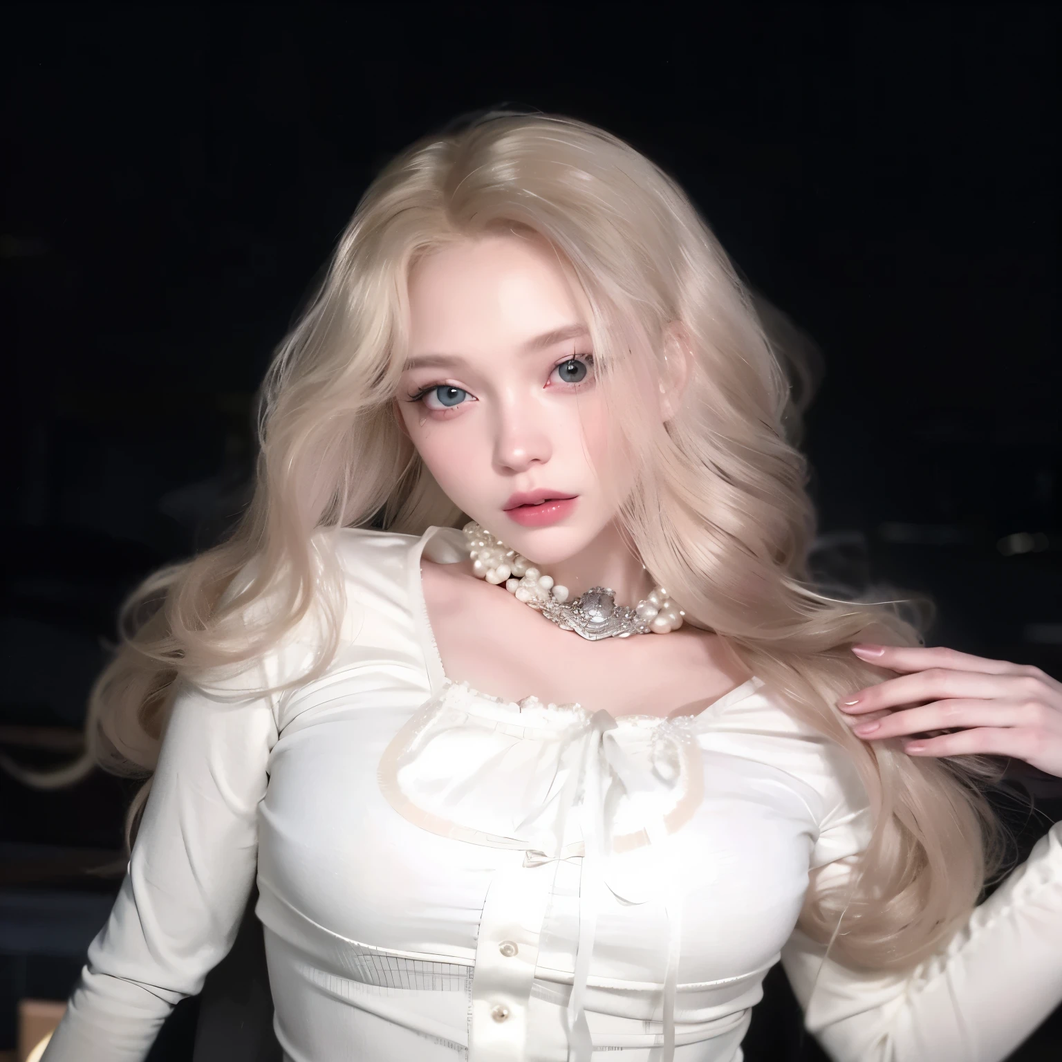 araffe woman with long blonde hair wearing a white shirt and a pearl necklace, pale skin curly blond hair, pale porcelain white skin, portrait of kim petras, with white long hair, leaked image, with long white hair, her hair is white, very very pale blond hair, with long blond hair, extremely pale blond hair, lalisa manobal