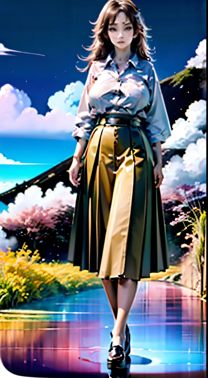 ((Beautiful 35_year_old japanese_woman with tan_skin, brown_hair and kitsune_ears):1.5), (standing_straight), ((japanese_country_side):1.3), ((sagging_breasts):1.8), ((breasts_apart):1.5),((wearing long_skirt with white_button_up_shirt):1.5), (buttons_stretched), ((full_body_photo):2), (perfect_face), (smooth_skin), (perfect_fingers), (better_eyes), (bright_sunlight), (beautiful_face), (feminine_face), ((grassy_plain and cumulus_clouds):1), ((mount_fuji in distance and sakura_flowers)1.5), (perfect_body), (perfect_hands), ((best_quality):1.5), (perfect_fabric):1.2), ((Masterpiece):1.5)