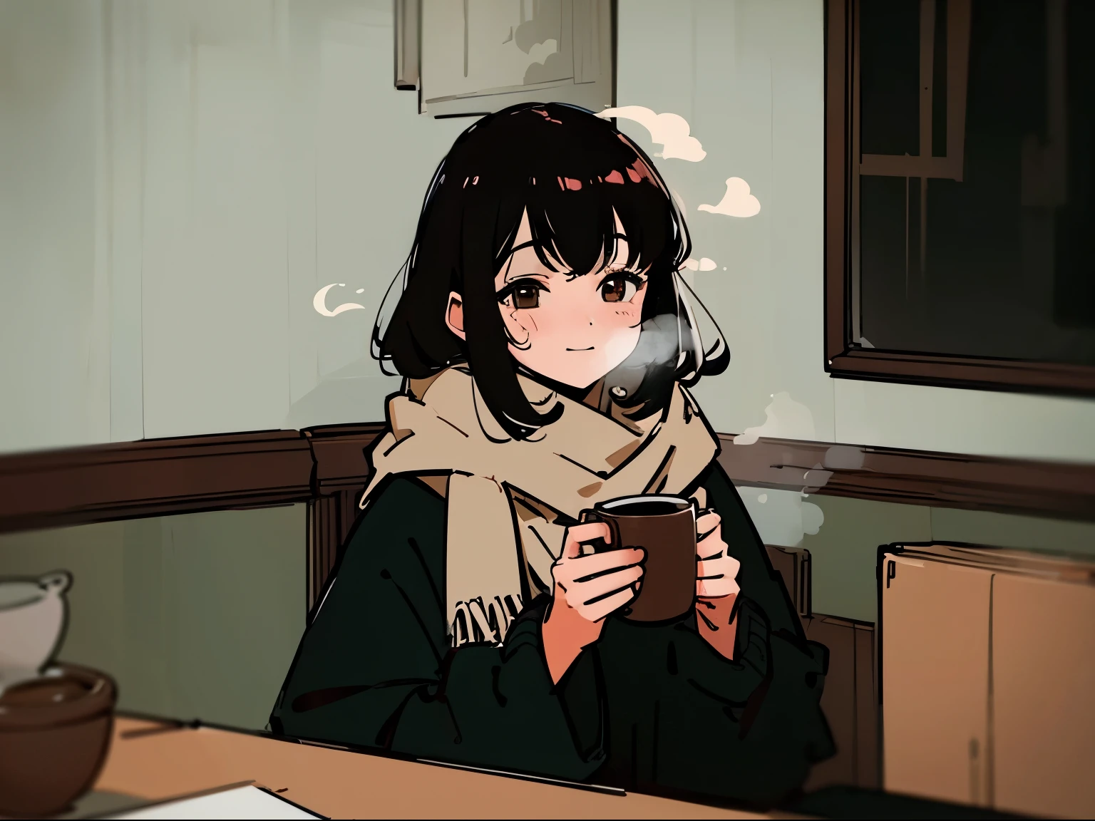 20 year old dark-haired woman、Being Calm、gentle light、black background、Coffee、head shot、Lo-Fi Illustration、a relaxing sight、In a warm room、Scarf、hoodie、Steam from a hot drink、I feel relieved、smile、Looks fun
