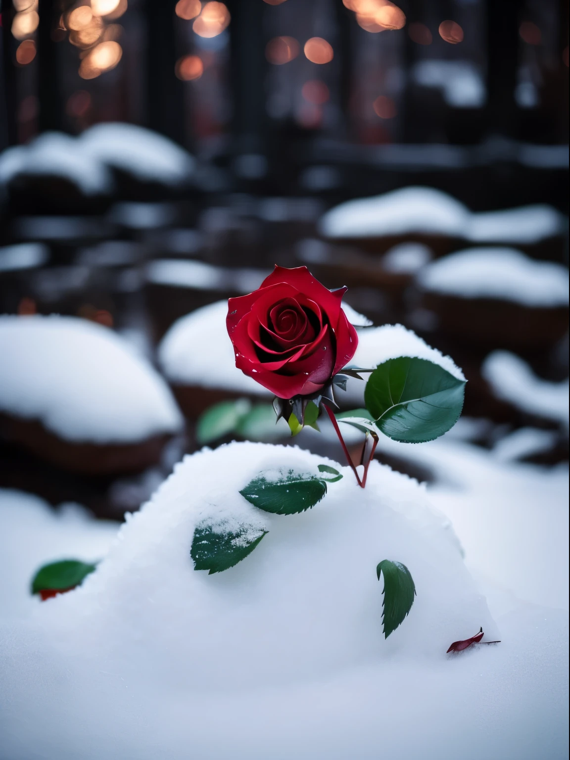 Zoom in on a single rose, Red rose生长在灌木丛上, Leaves and petals are covered with dust and snow,Shot with Canon 35mm lens, photo of a rose, Shot with Pentax K1000, Shot with Pentax 1000, Two 5mm ports, Photographed on Kodak Portra, Rose Downings, Red rose, 35mm lens,Tobias Meyer photography style,HD,atmosphere,Shocking。film light,HD,color curve,Odds rules,work,depth of field