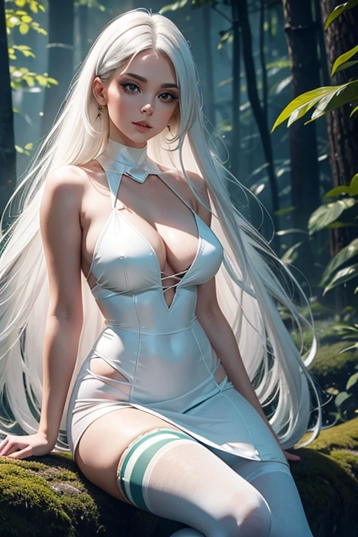 There is a adult woman in a forest, at night, wearing a white dresse, using ice magical powers high heels, Dark tights, white hair,, lips,thin lips, soft face, green eyes,Eyeshadows,eyeliner,knee length hair,curved hair, thin waist,Big chest, high quality, highly detailed skin,