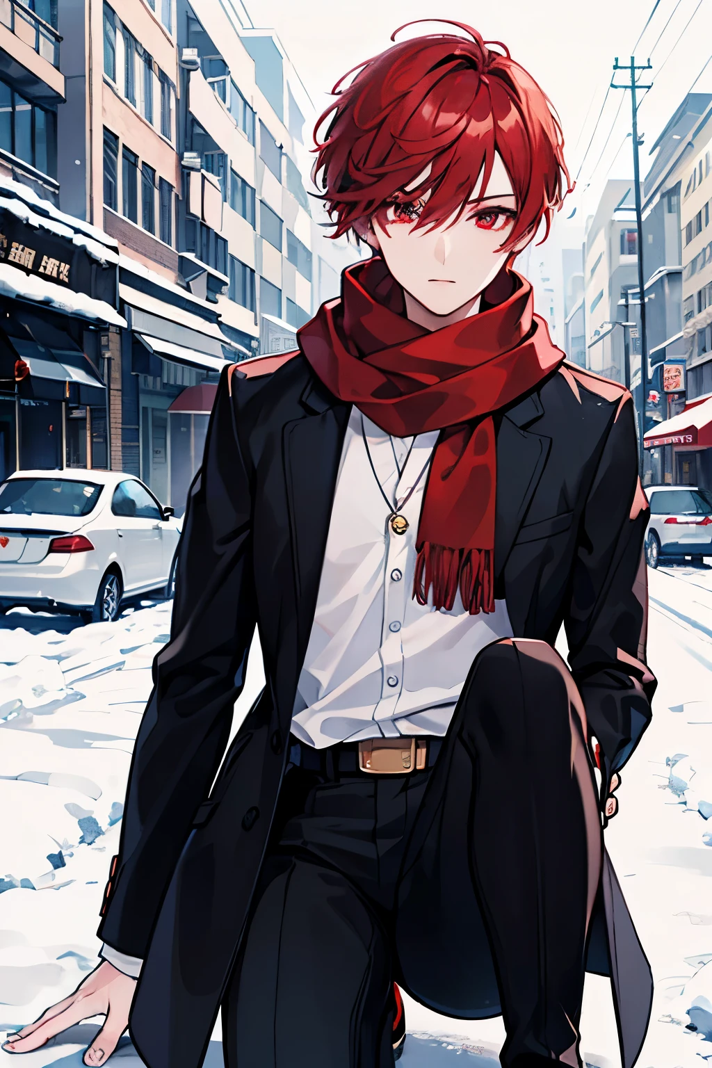 male red short hair red eyes Scarf Sweaters slacks Street style snow In the street handsome man Knee-high boots masterpiece Highest image quality denoise clear parts cinematic shadow Increased attractiveness of the eyes clear parts the shine of the eyes Draw eyelashes neatly perfect eyes detailed eyes Sharpen image quality Sharpen eye writing clear parts eye shape