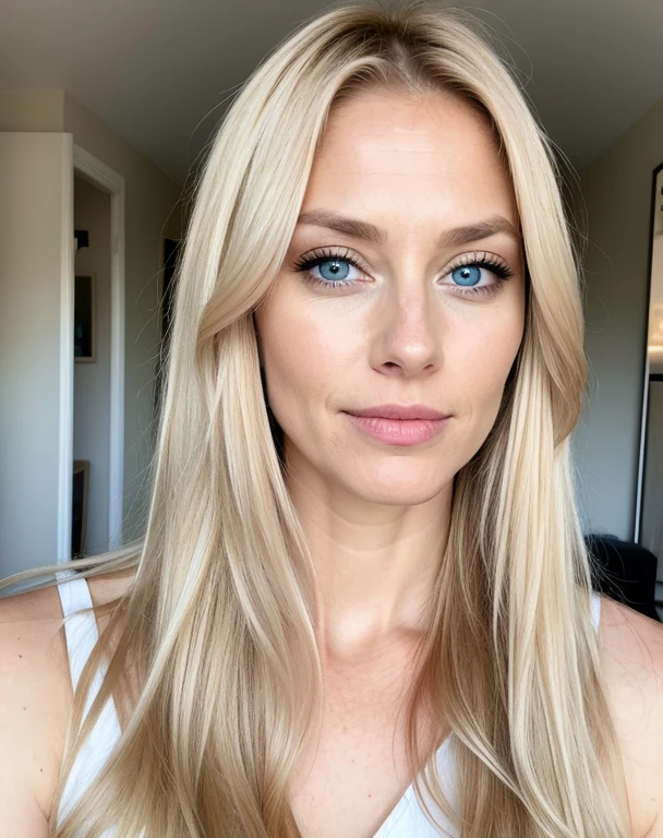 blond woman of 30 years old with blue eyes, with long hair, looking directly at the camera, with a natural makeup , very realistic, portrait picture, in her beautiful bedroom