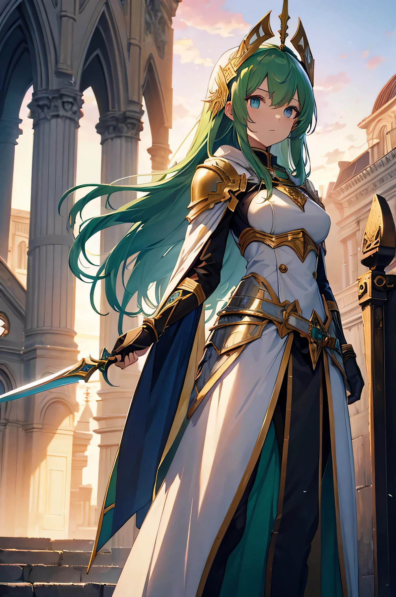 4k,High resolution,one woman,green hair,long hair,blue eyes,knight,white holy armor,white hood,gold decoration,Long sword,outside the church,sunset background