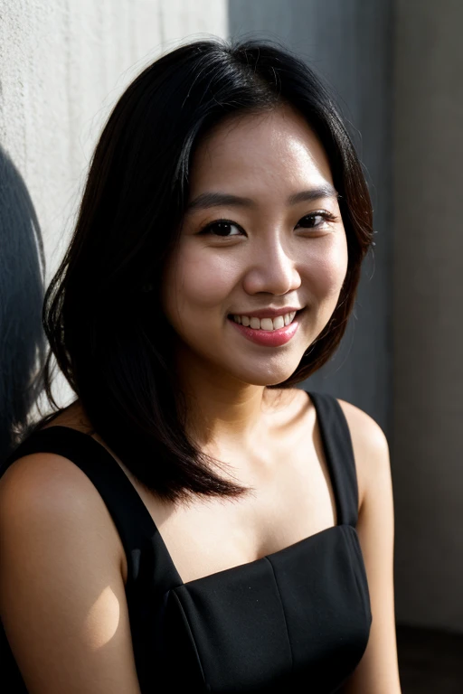 RAW photo, face portrait photo of beautiful 26 y.o woman, cute face, wearing black dress, happy face, hard shadows, cinematic shot, dramatic lighting, indonesian