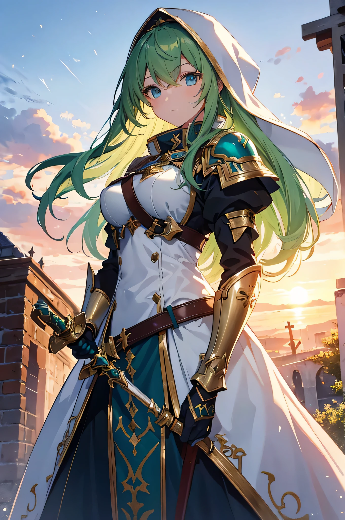 4k,High resolution,one woman,green hair,long hair,blue eyes,knight,white holy armor,white hood,gold decoration,Long sword,outside the church,sunset background