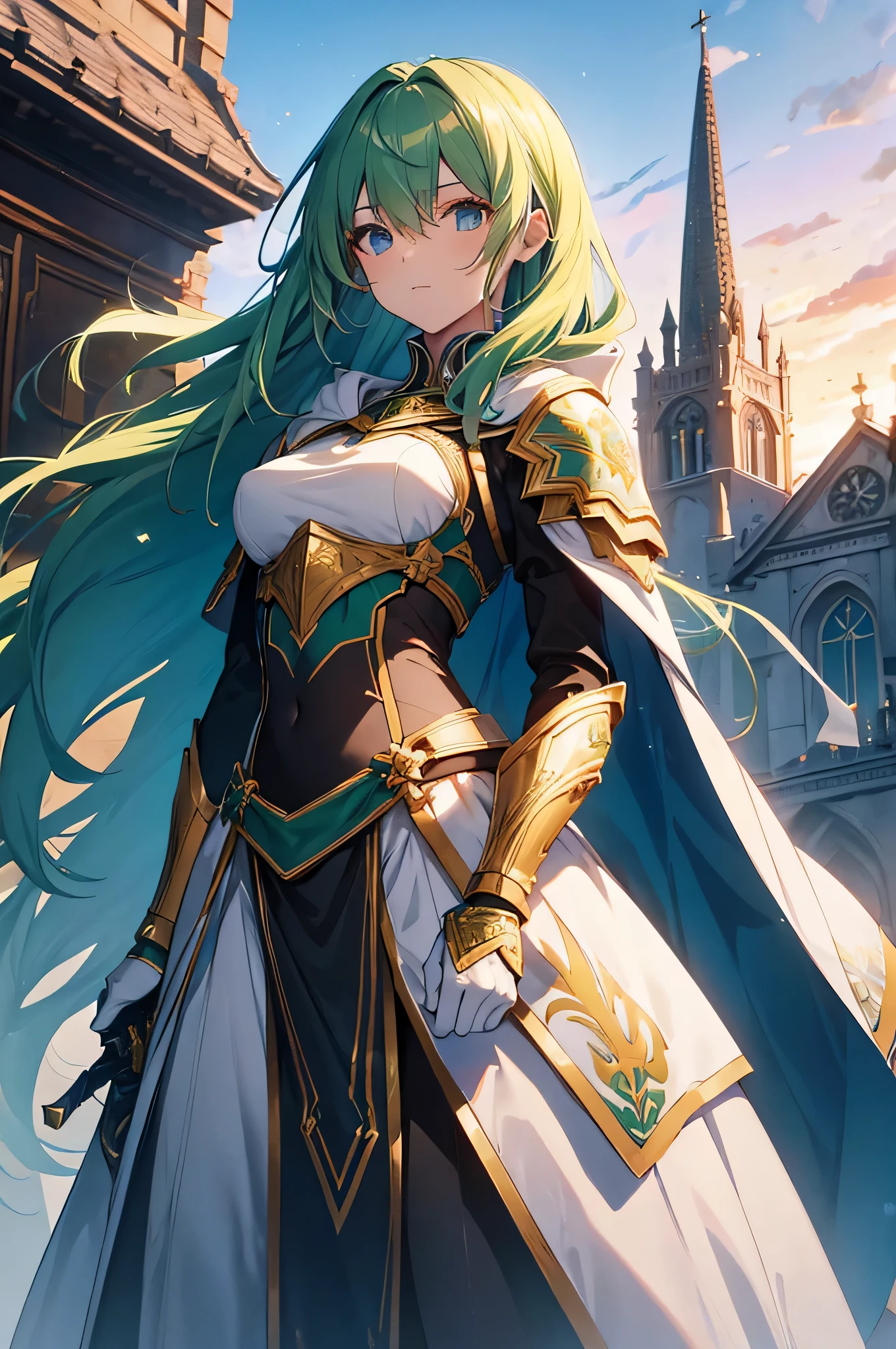 4k,High resolution,one woman,green hair,long hair,blue eyes,knight,white holy armor,white hood,gold decoration,Long sword,outside the church,sunset background