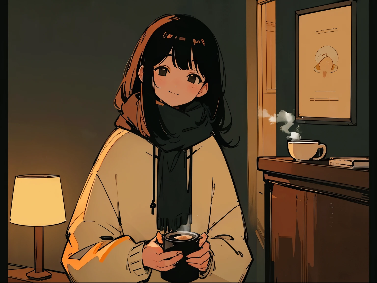 20 year old dark-haired woman、Being Calm、gentle light、black background、Coffee、head shot、Lo-Fi Illustration、a relaxing sight、In a warm room、Scarf、hoodie、Steam from a hot drink、I feel relieved、smile、Looks fun、orange lamp shade
