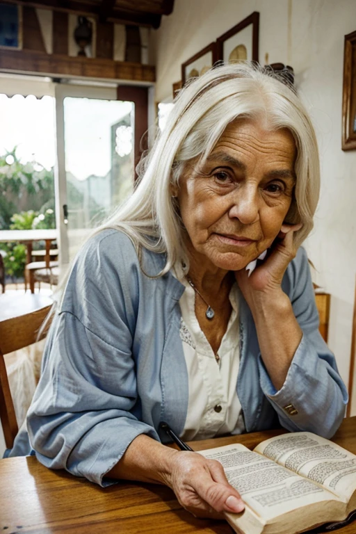 wrinkled old woman with long white hair in front of a table with a bible, orando a Deus, em uma casa pobre e velha de madeira.