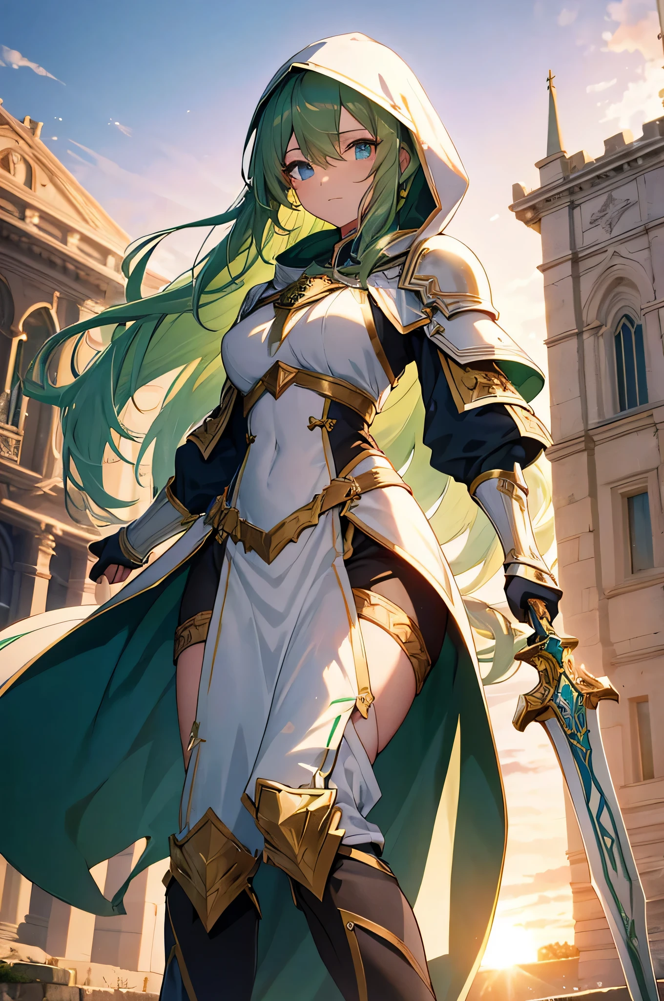 4k,High resolution,one woman,green hair,long hair,blue eyes,knight,white holy armor,white hood,gold decoration,Long sword,outside the church,sunset background