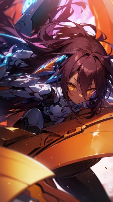 Masterpiece, Top quality, high resolution, highres, 8k, best quality, HD, child, 1 male, shota, cute, innocent, ((dark skin)), orange eyes, otokonoko, dark brown hair long hair in a side-swept style smooth, thicc thighs, wearing an a black fullbody bodysuit, exosuit armour parts, armoured exosuit baggy leggings, gauntlets, cute artstyle, stand still, close up, (Shuvi), (deus ex machina race), (no game no life),