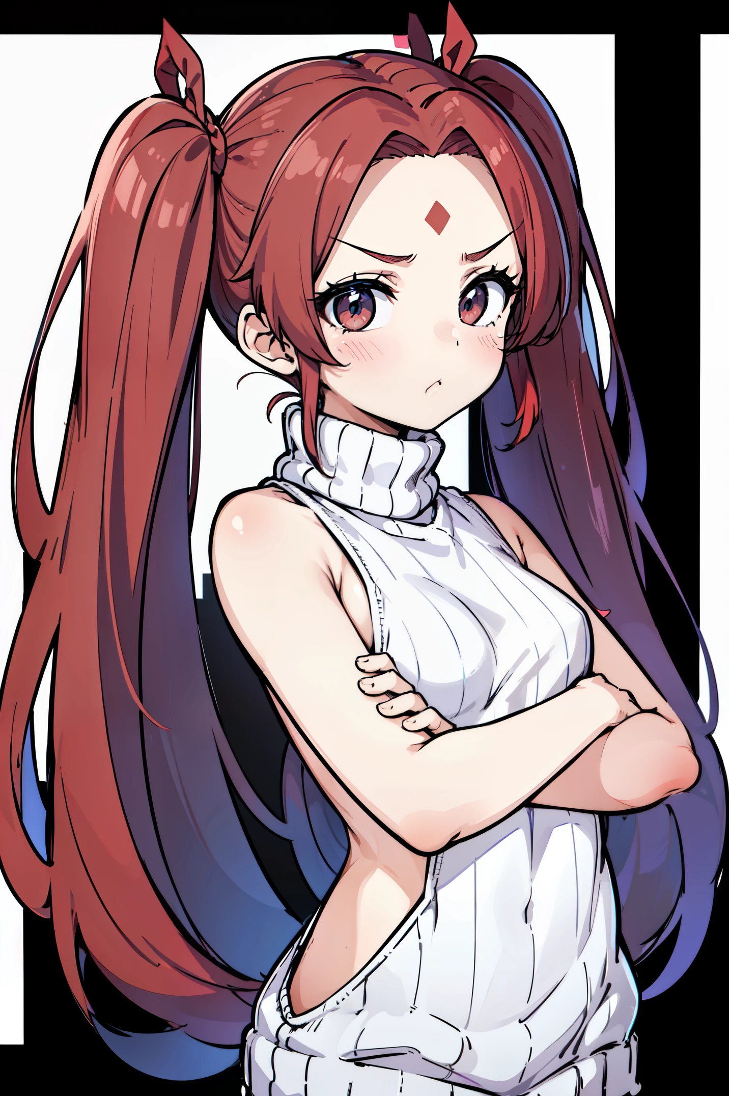 1girl, tsundere, small breasts, (red hair:1.2, twintails, very long hair, open forehead)), black hair ribbons, (sweater, turtleneck sweater, backless sweater, sleeveless, bottomless), standing, (crossed arms), :< expression, pouting, inexpressive, neutral, sfw, ((white background)), anatomically correct, best quality, award winning, highres, 16k, 1080P, HD, masterpiece, accurate, border, outside border, 