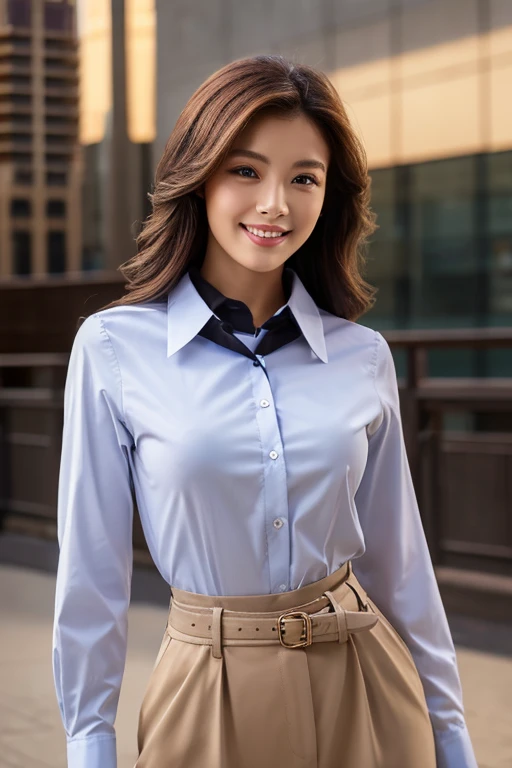 highest quality, masterpiece, (realistic:1.4), Beauty, smile, collared shirt, valley, Bust 99 cm, Waist 55 cm, waist-up, dramatic lighting, from below