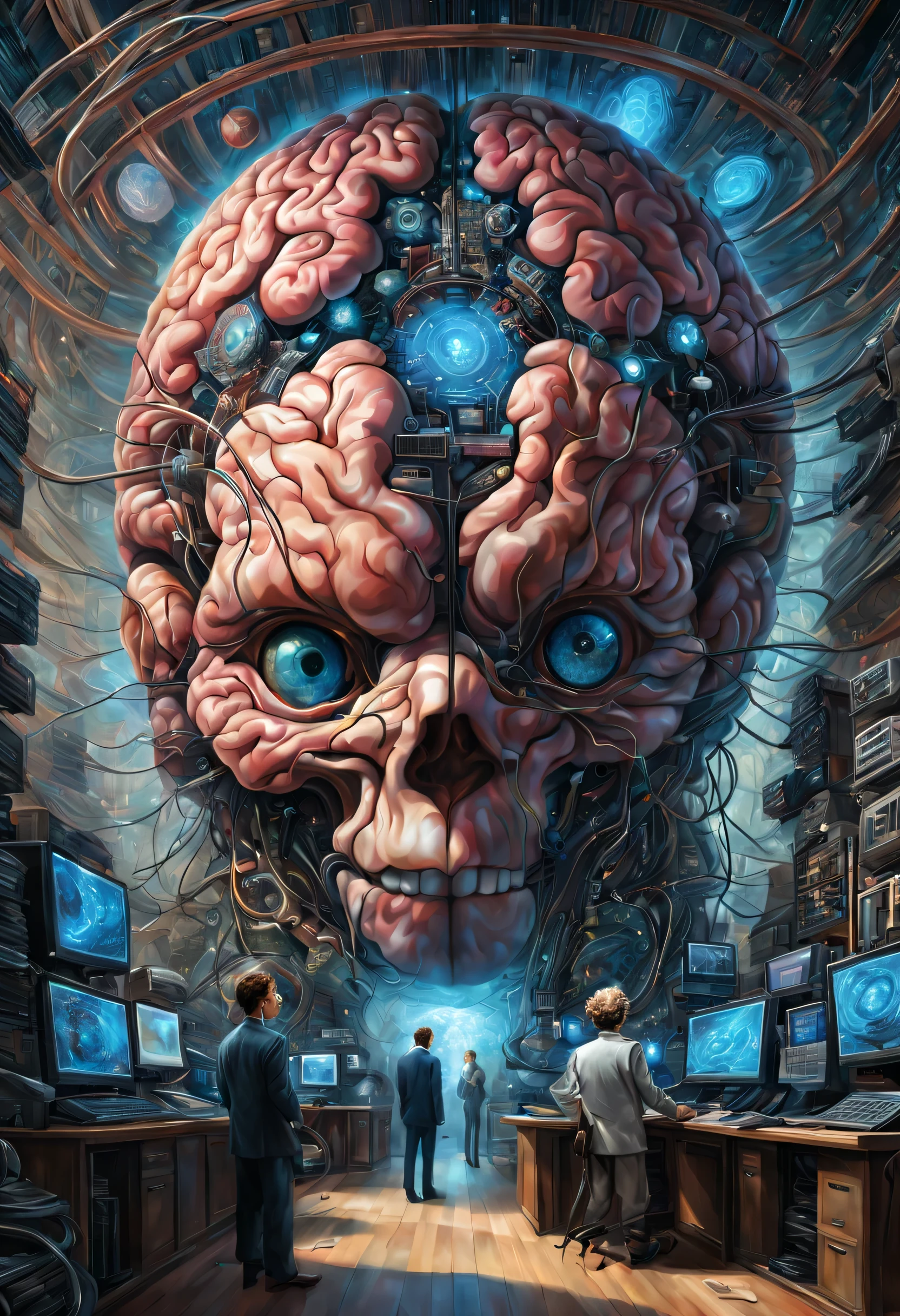 In the center of the room, a colossal human brain is intricately connected to advanced computers housed in the surrounding racks by millions of wires. This extraordinary Brain possesses two eyes that fixate upon us with astonishing precision, captured in a painting with unparalleled detail and resolution at 64K, there are two Alien scientists who are examining the Brain