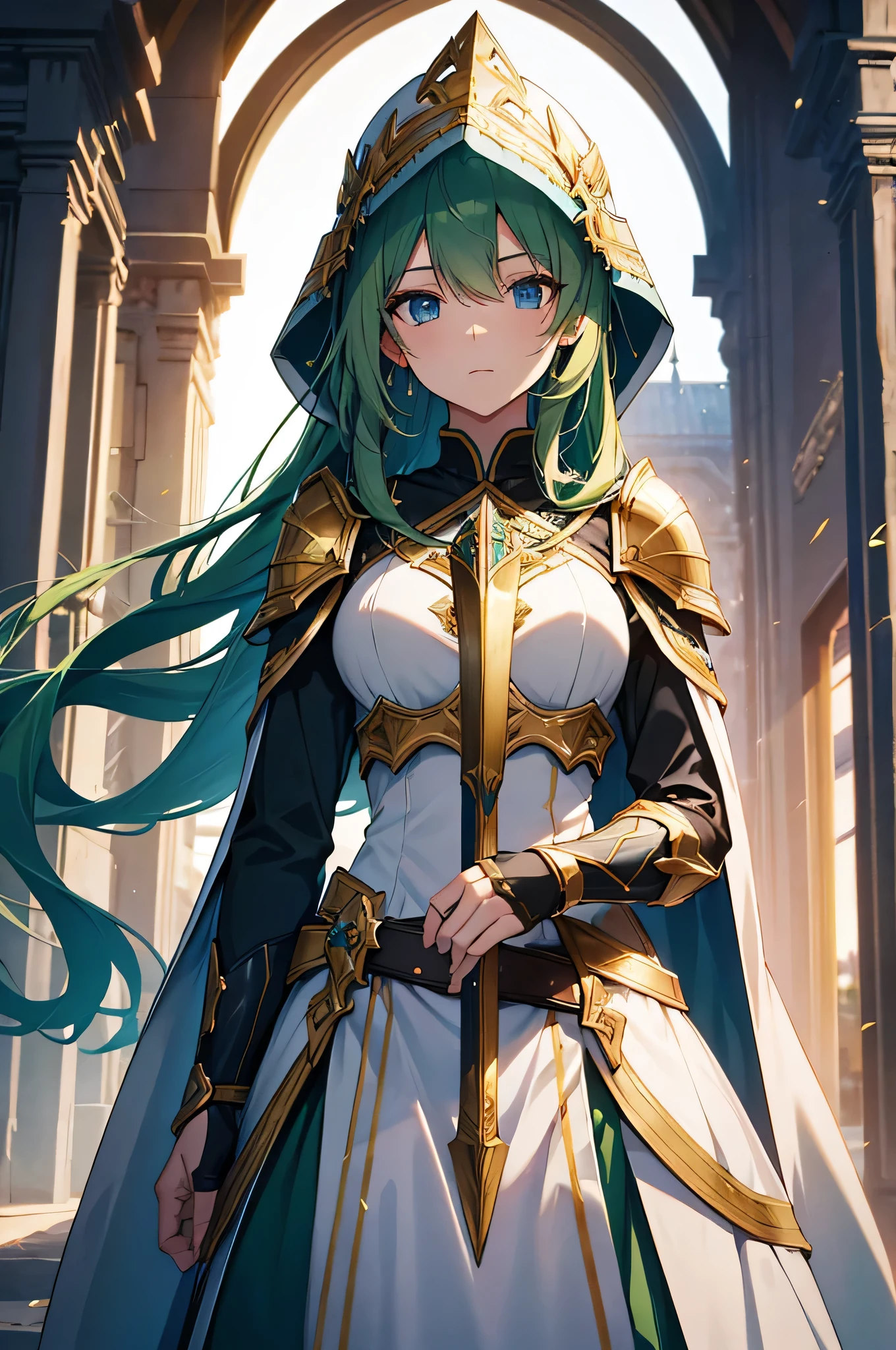 4k,High resolution,one woman,green hair,long hair,blue eyes,knight,white holy armor,white hood,gold decoration,Long sword,outside the church,sunset background