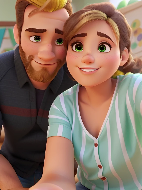 casal no estilo disney pixar, alta qualidade, melhor qualidade, homem cabelo amarelo olhos verdes e barba pequenas, mulher morena cabelos pretos e olhos pretos