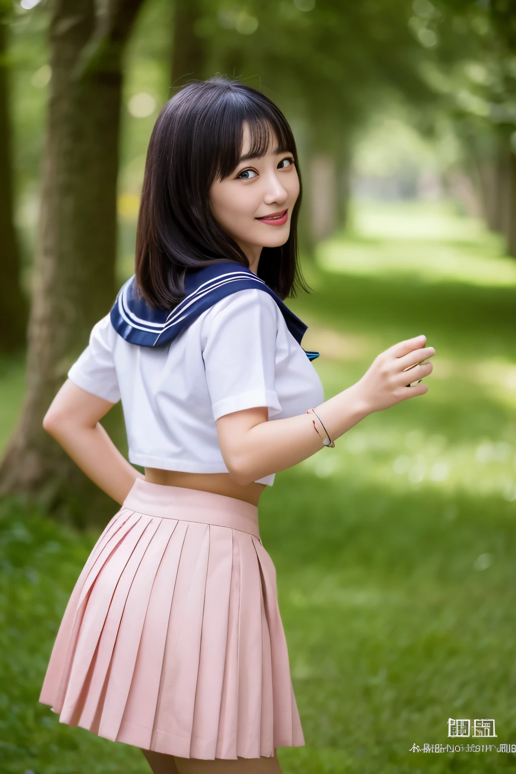 (masterpiece、16k image、high-level image quality、top-quality)、独奏、1girl in、(Japan Girls' High School Sailor Uniform,flawless)、(perfect anatomia,Beautiful limbs、Healthy body、Beautiful skin)、Sunnyday、A dark-haired、short-haired、Black eye、Way back、Colossal tits:1.5、schools、(Thermal gaze)、artistic.、Beautuful Women、Beauty Body、ssmile、Professional、