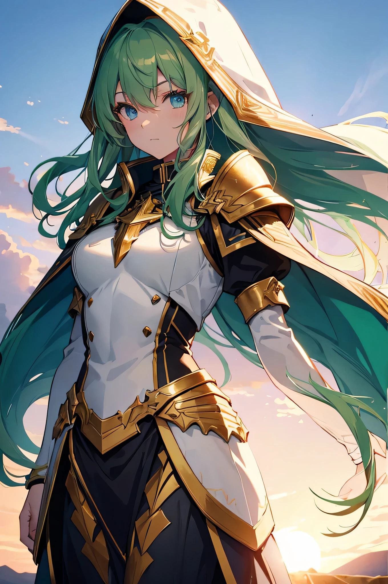 4k,High resolution,one woman,green hair,long hair,blue eyes,knight,white holy armor,white hood,gold decoration,Long sword,outside the church,sunset background
