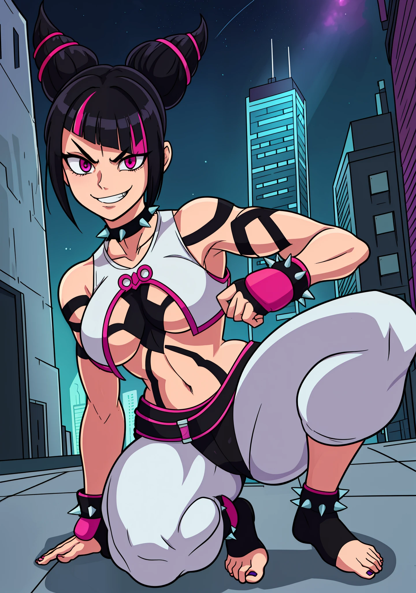 [juri], [SFVI], [street fighter 6], ((masterpiece)), ((HD)), ((high res)), ((solo portrait)), ((full body)), ((front view)), ((feet visible)), ((anime)), ((detailed shading)), ((intricate details)), ((cinematic lighting)), {(beautiful woman), (short black hair), (two toned hair), (pink highlights in hair), [hair horns], (cute eyes), (purple right eye), (cyan left eye), (two eye colors), (different colored eyes), (Heterochromia iridum), (short eyelashes), (pink nails), (small boobs), (defined muscles), (curvy hips), (beautiful legs), (beautiful feet), (smug grin)}, {(white vest), (underboob), (navel), (purple belt), (black baggy pants), (inner-thighs gap in pants), (thighs visible), (black panties visible), (black toeless socks), (spiky bracers), (spiky choker)}, {(squatting), (looking at viewer)}, [Background; (city streets), (skyscrapers), (nighttime), (starry sky), (full moon), (ambient lighting)]