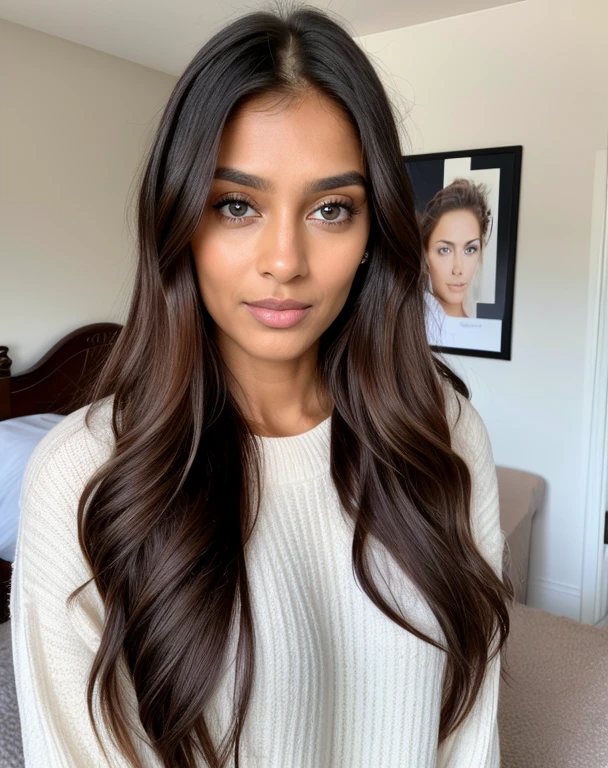 brown woman of 30 years old with blue eyes, with long hair, looking directly at the camera, with a natural makeup , very realistic, portrait picture, in her beautiful bedroom