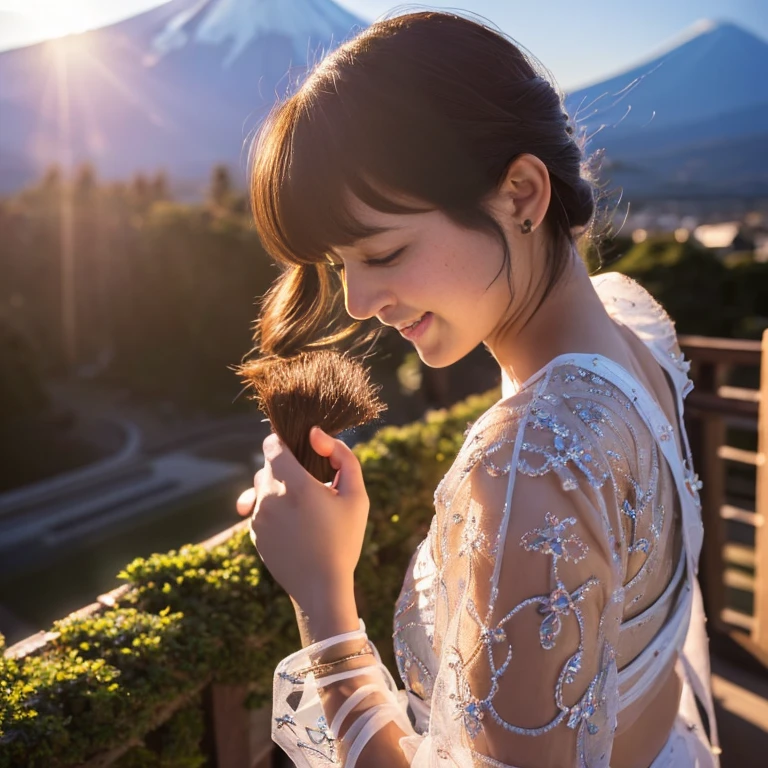 a cute girl, ((top gravure idol, kawaii, 16 years old):1.3), ((shiny beautiful up hair):1.3), ((beautiful white skin, smile, looking at viewer):1.3), ((Praying with hands together, at a shrine, japanese new year):1.3),((wearing gorgeous sheer sexy outfits, Advanced costumes and backgrounds created by artists pursuing Japan's Heian aristocratic culture):1.4)
BREAK
((First sunrise from the top of Mt. Fuji):1.4)(photorealistic:1.3), ((Fine Details and Realistic Textures):1.3), (realistic:1.2), (detailed skin:1.2), ((intricate details, dramatic, ray tracing,realistic lighting):1.2),(radiant colors:1.2)
BREAK
((Best quality, 4k, Masterpiece, UHD):1.4), ((sharp focus, professional dynamic lighting, cowboy shot from side below):1.4), 1girl
