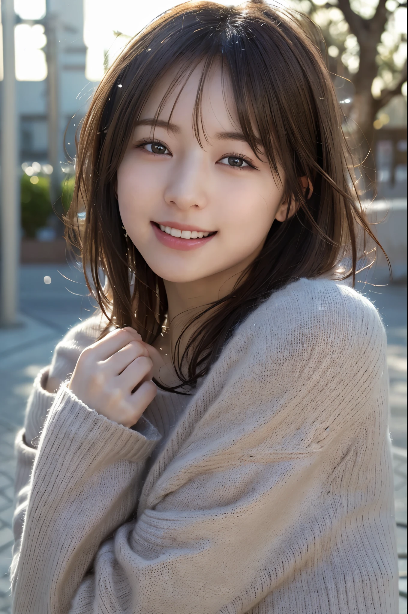 highest quality、masterpiece、Super high resolution、(photorealistic:1.4)、Raw photo、girl, cosy sweater on, upper body whole body, (Laughter:1.1), (open your mouth:1.1), (Wide open eyes:1.2), glare of sunlight, Bokeh, Depth of the bounds written, blurred background, light particles, strong wind, (Heart particles:1.1)