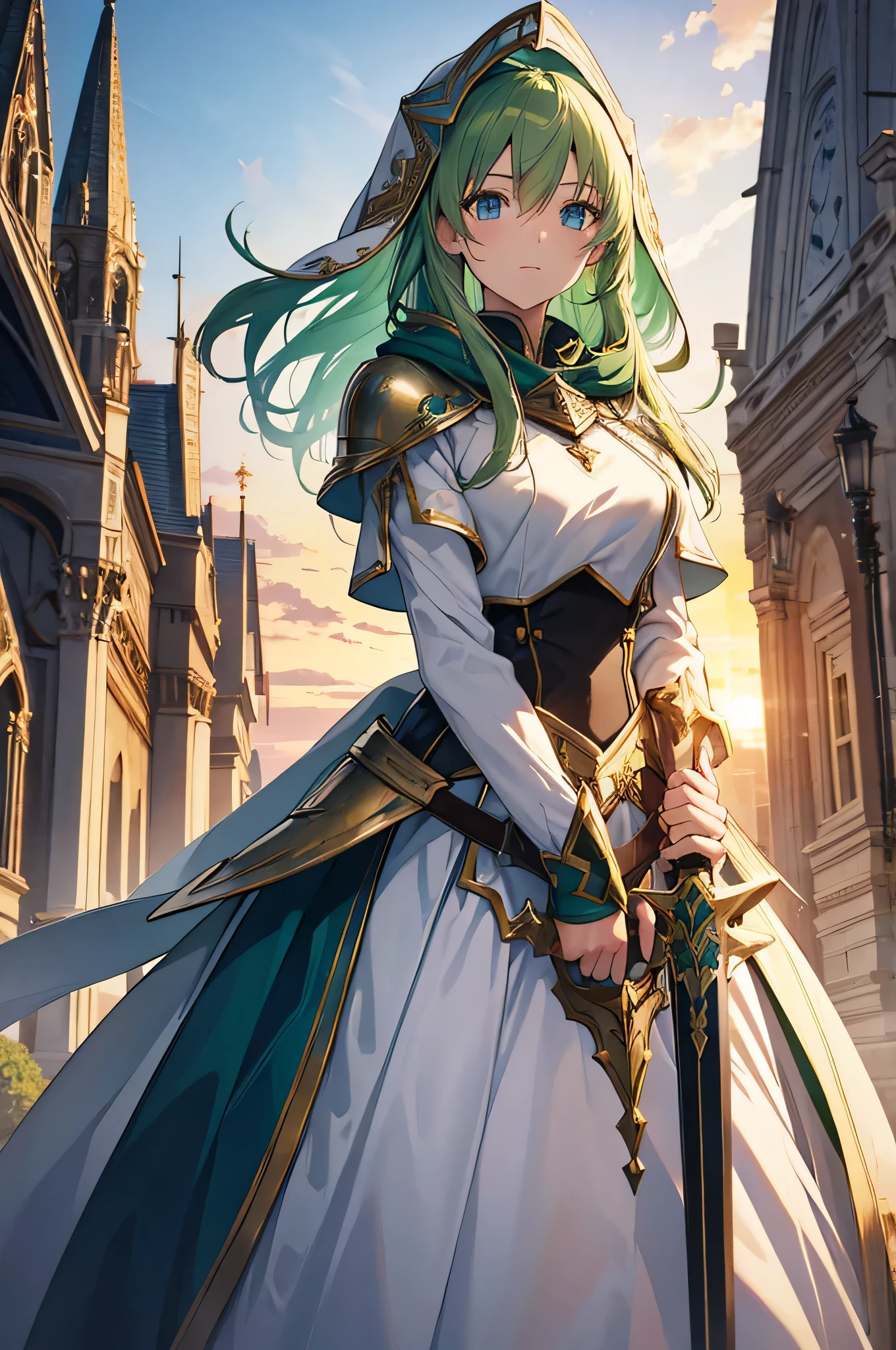 Gothic-Lolita, swordmaid, holding shield and sword,looks frendly,medium boobs,cleavage, smiling, long green and blue hair with sidelocks, armordress,armored dress,