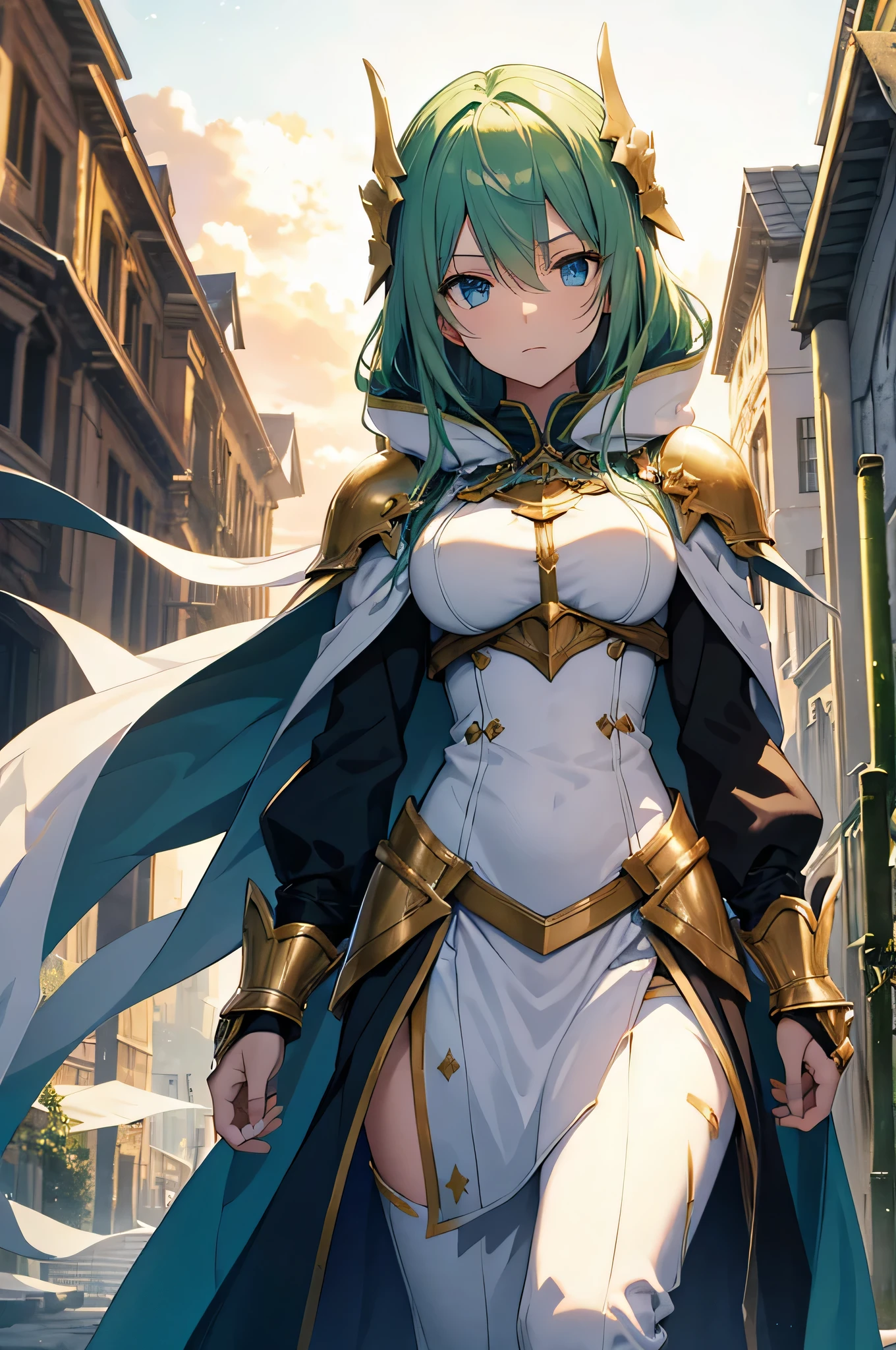 4k,High resolution,one woman,green hair,long hair,blue eyes,knight,white holy armor,white hood,gold decoration,Long sword,outside the church,sunset background