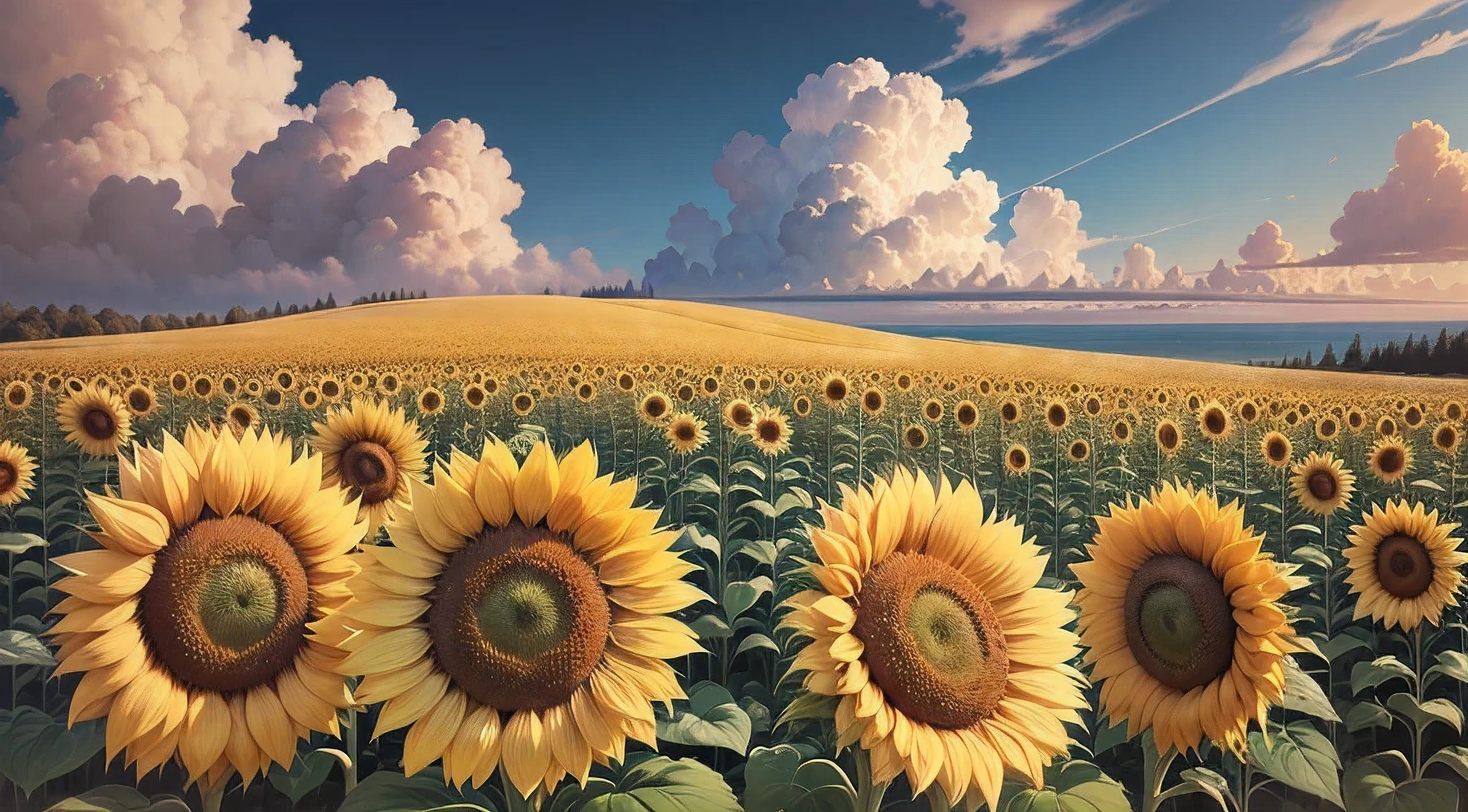 Sunflower close up , incident sunlight, blue sky, sunflowers fields, illustration, beautiful landscape, sharp focus, digital art, abstract art, mdjrny-v4 style, ocean
