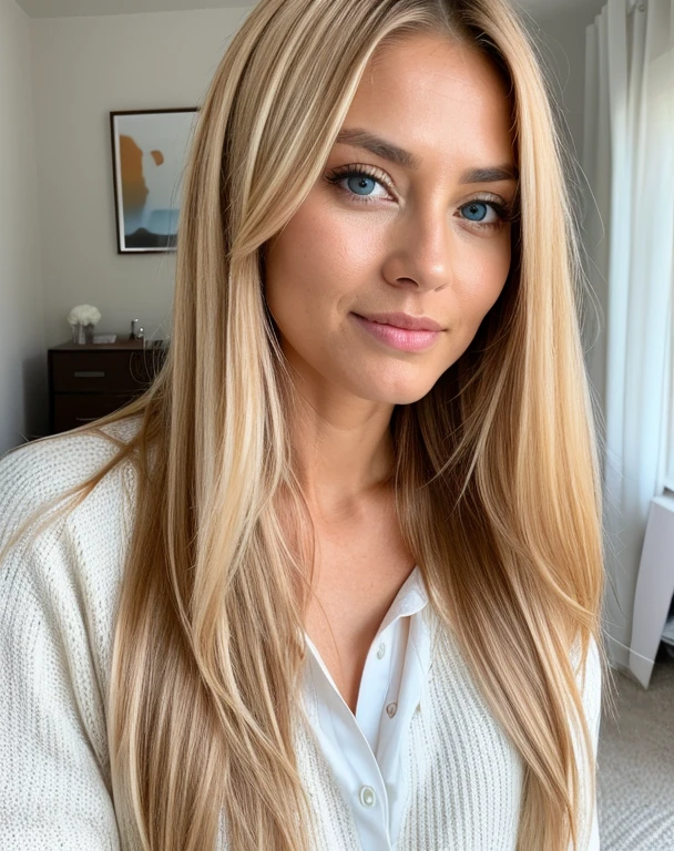 tan woman of 30 years old with blue eyes, with blond long hair, looking directly at the camera, with a natural makeup , very realistic, portrait picture, in her beautiful bedroom