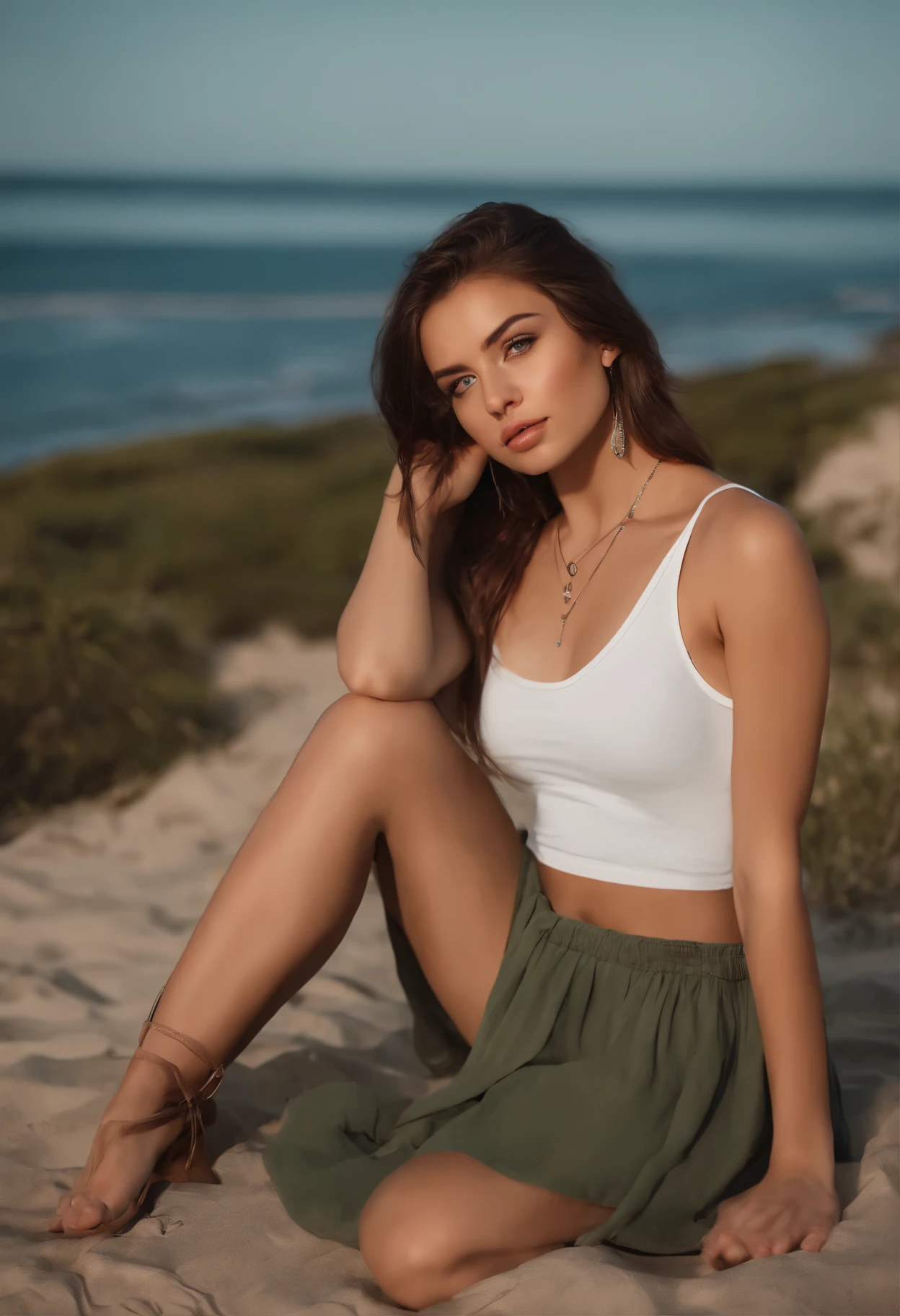 arafed woman with a white tank top and a necklace, lying at the beach, with green eyes, portrait sophie mudd, brown hair and large eyes, selfie of a young woman, bedroom eyes, violet myers, without makeup, natural makeup, looking directly at the camera, face with artgram, subtle makeup, stunning full body shot, piercing green eyes, beautiful angle, attractive pose, cute girl, sexy pose, full body picture, full body, full body shoot, brunette goddess, high detail, satisfied pose, wearing grey skirt and boots, skirt, boots