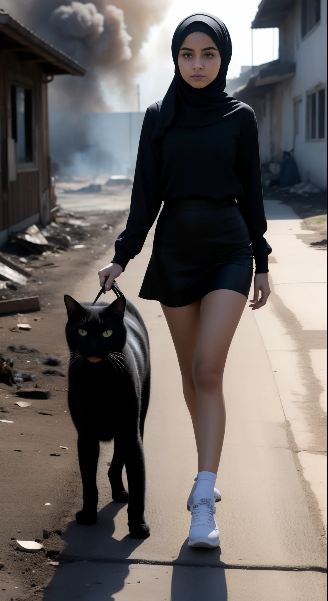 Hijab  girl walking in the burning house area, mini thigh skirt, Bringing a black cat along for a walk