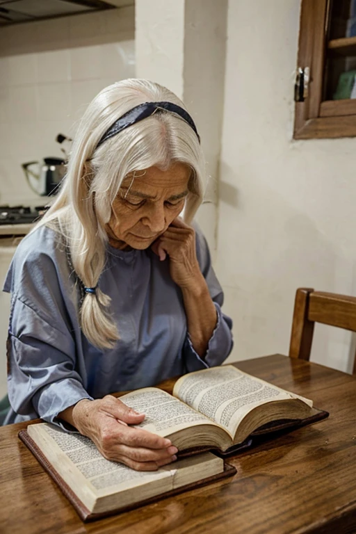 wrinkled old woman with long white hair praying in front of a table with a bible, orando a Deus, em uma casa tapera pobre e velha de madeira.