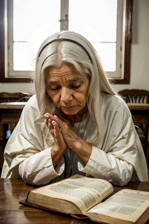 wrinkled old woman with long white hair praying in front of a table with a bible, orando a Deus, em uma casa tapera pobre e velha de madeira.