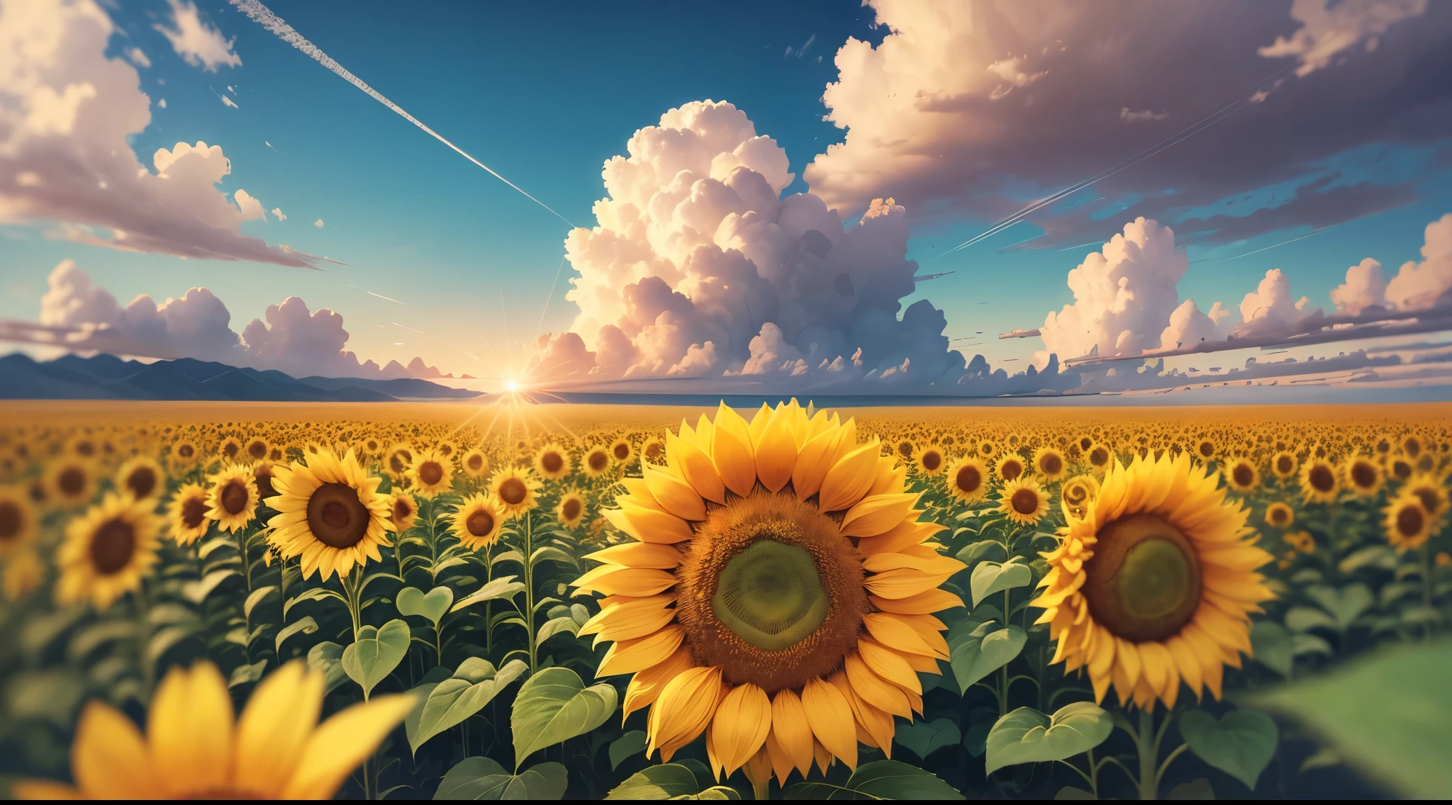 Sunflower close up , incident sunlight, blue sky, sunflowers fields, illustration, beautiful landscape, sharp focus, digital art, abstract art, mdjrny-v4 style, dunes, ocean