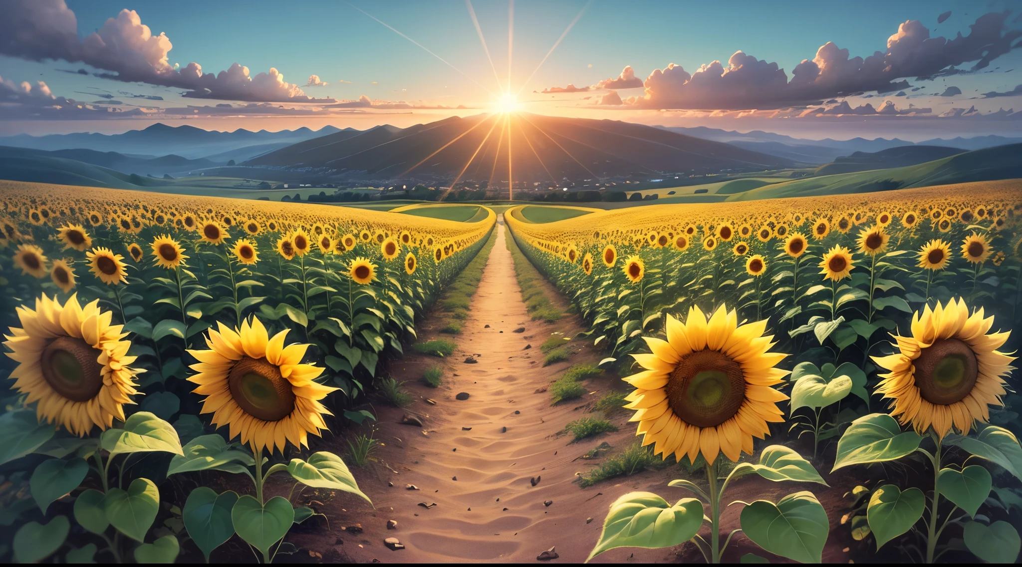 Sunflower close up , incident sunlight, blue sky, sunflowers fields, illustration, beautiful landscape, sharp focus, digital art, abstract art, mdjrny-v4 style, dunes, ocean