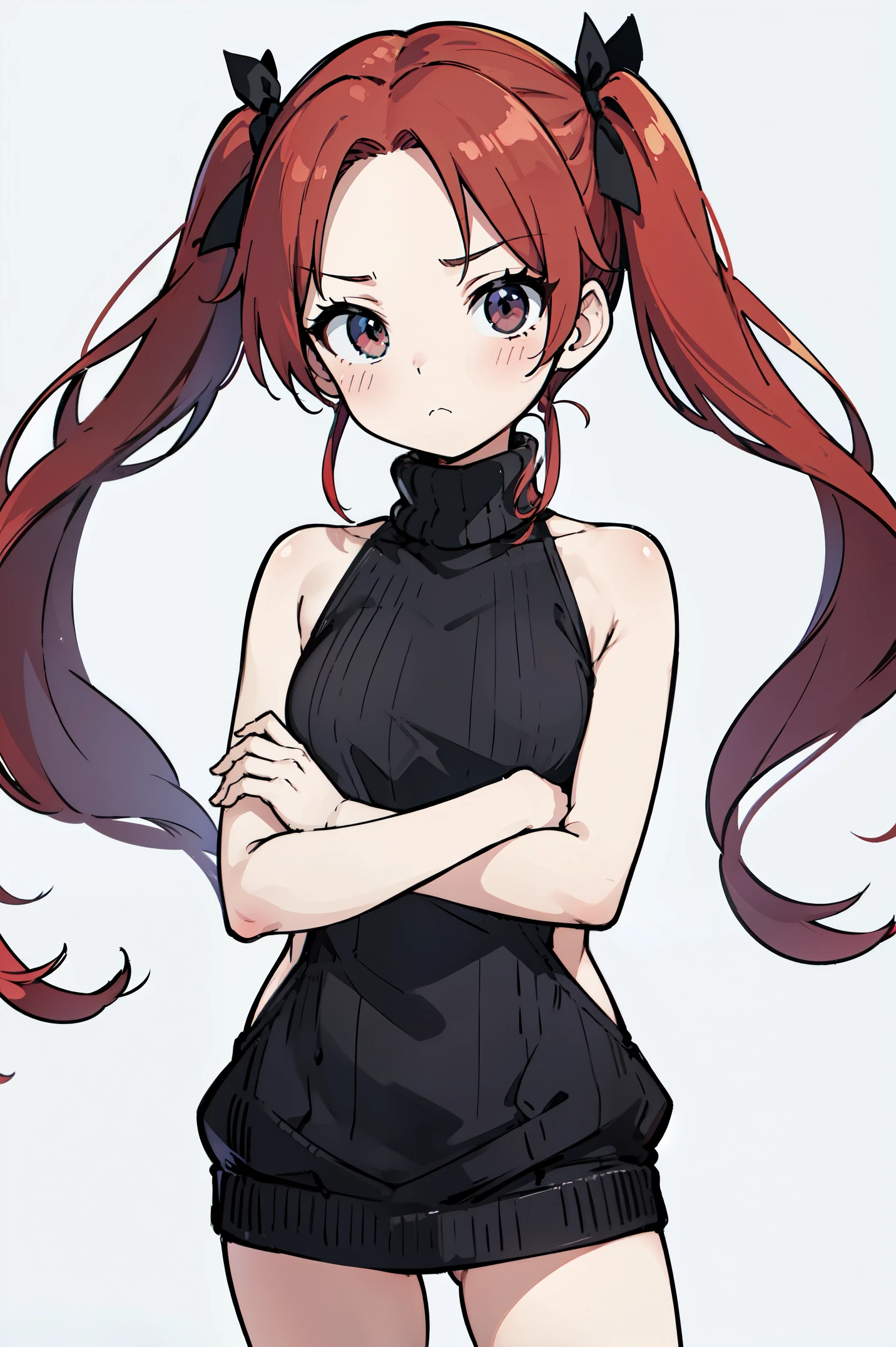 1girl, tsundere, small breasts, (red hair:1.2, twintails, very long hair, open forehead)), black hair ribbons, (sweater, turtleneck sweater, backless sweater, sleeveless, bottomless), standing, (crossed arms), :< expression, pouting, inexpressive, neutral, sfw, ((white background)), anatomically correct, best quality, award winning, highres, 16k, 1080P, HD, masterpiece, accurate, border, outside border, 