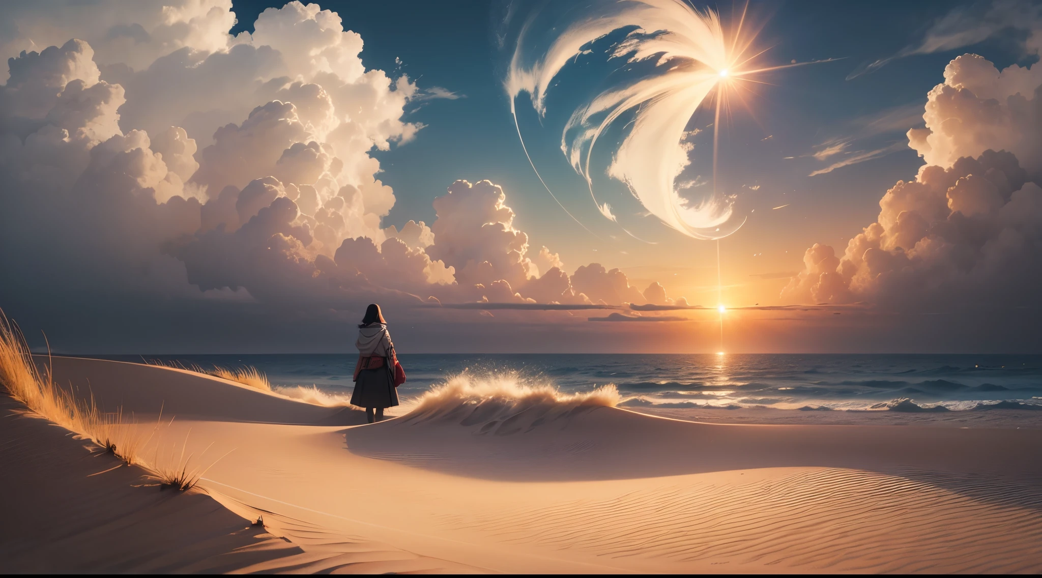 Sunflower, incident sunlight, blue sky, illustration, beautiful landscape, sharp focus, digital art, abstract art, mdjrny-v4 style, dunes, ocean